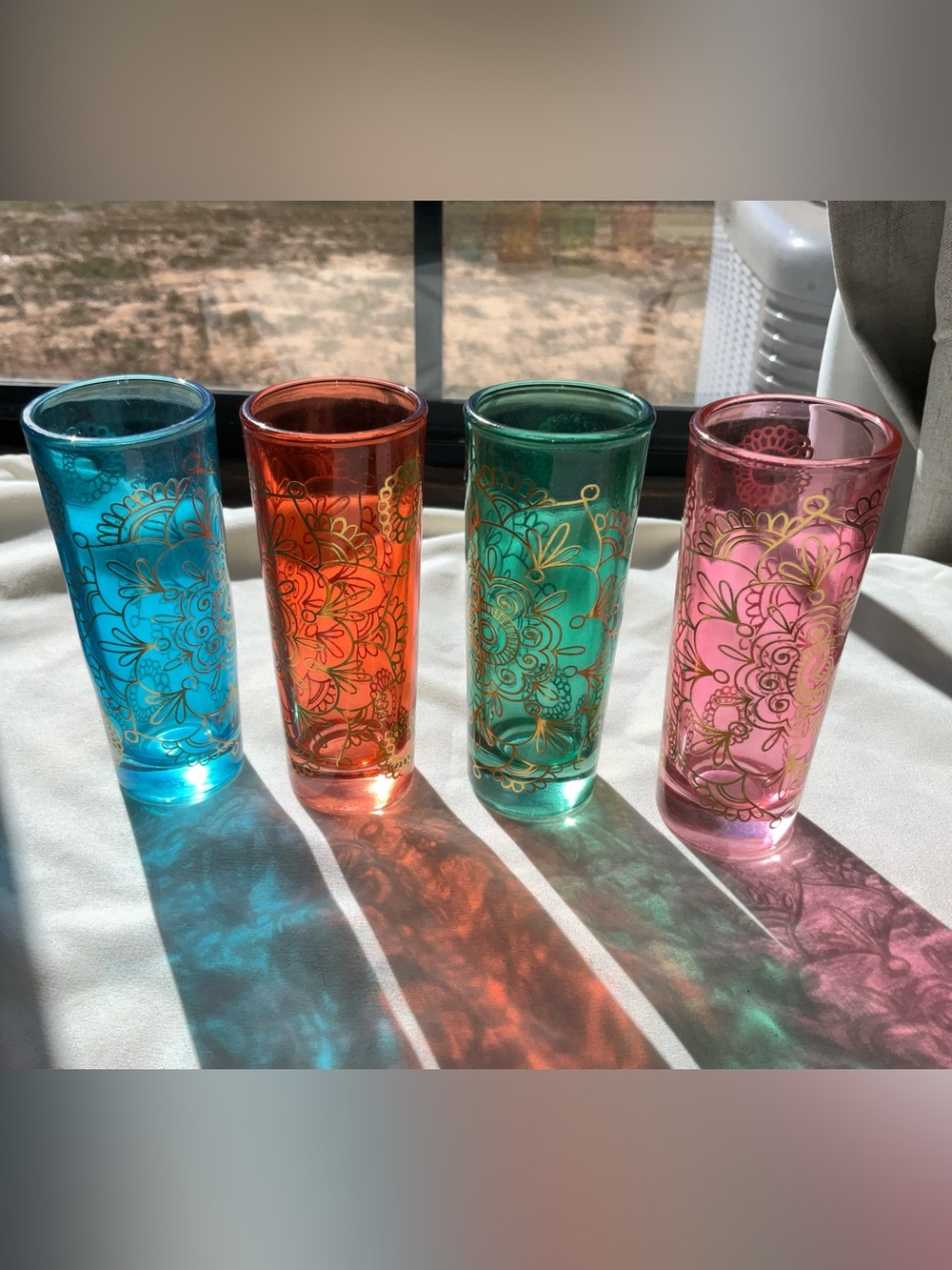 Lot of 4 Vintage Colorful Tall Slender Mandala Style Glasses with Gold Trim